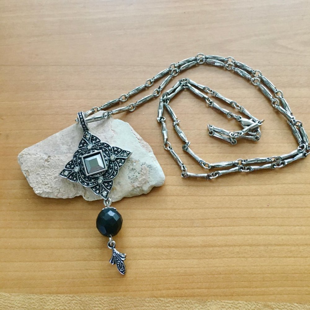 Silvertone Marcasite and Hematite Stone Black Bead Drop Pendant Necklace